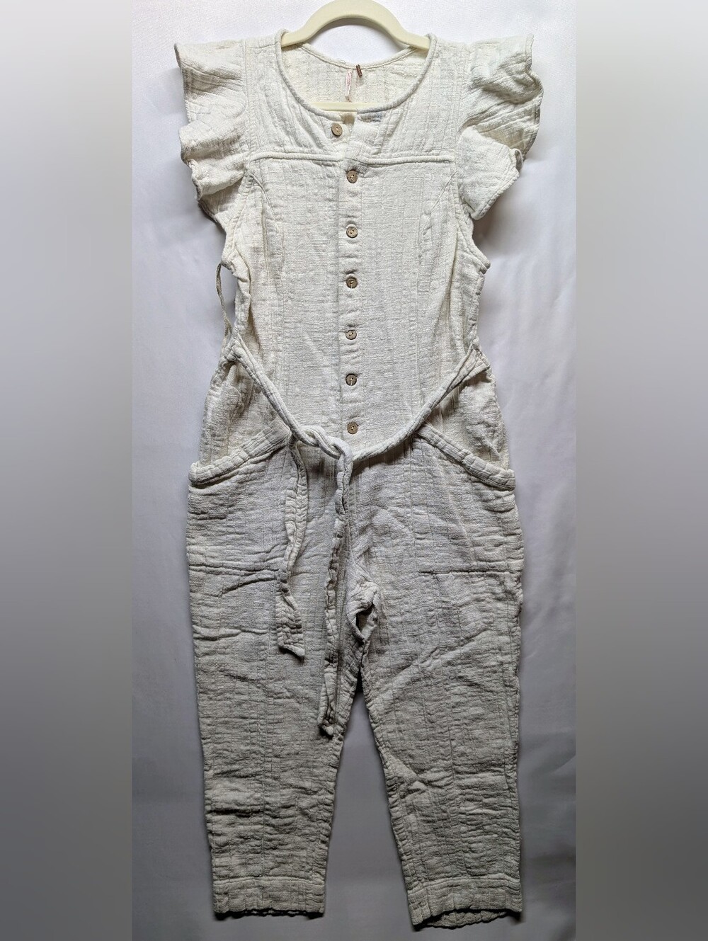 Free People Off White Button-Front Textured Jumpsuit with Tie Waist 💯 Cotton